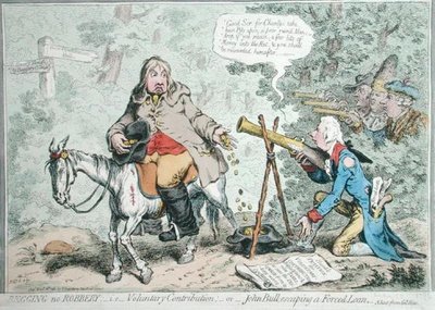 Žebrání bez loupeže: Dobrovolný příspěvek aneb John Bull uniká nucené půjčce, vydala Hannah Humphrey v roce 1796 (ručně kolorovaný lept) od James Gillray