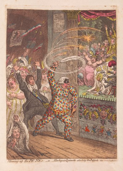 Vyhodit do povětří Pic Nics nebo Harlekýna Quijota útočícího na Puppets, hospoda. 1804 (ručně kolorovaná rytina) od James Gillray