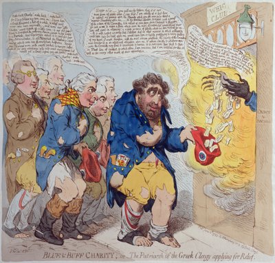 Blue und Buff Charity, neboli patriarcha řeckého duchovenstva žádajícího o pomoc, publikovala Hannah Humphrey v roce 1793 (ručně kolorovaný lept) od James Gillray