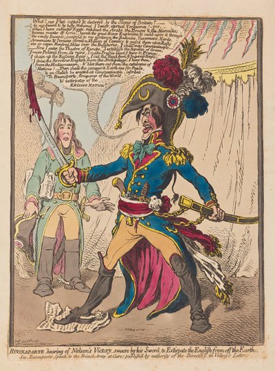Bonaparte, který se doslechl o Nelsonově vítězství, přísahá svým mečem, že vyhladí Angličany ze Země, hospoda. 1798 (ručně kolorovaná rytina) od James Gillray