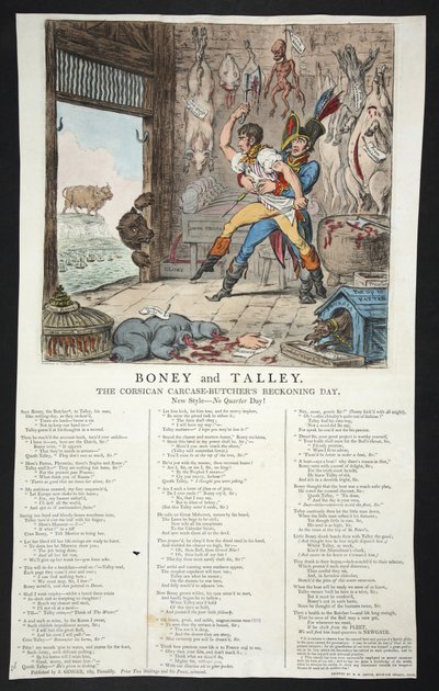 Boney and Talley, Den zúčtování korsických jatečných řezníků – žádný čtvrtletní den!, pb. 1803 (ručně kolorovaná rytina) od James Gillray