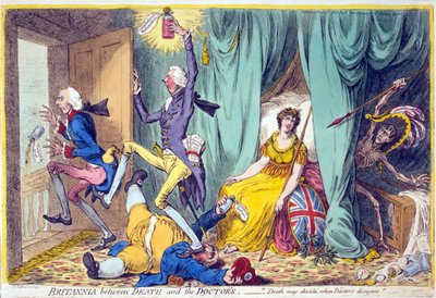 Britannia mezi smrtí a lékaři, hospoda. Hannah Humphrey, 20. května, 1804 (ručně kolorovaná rytina) od James Gillray