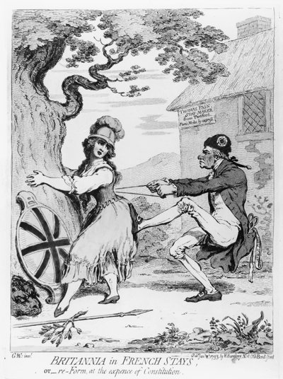 Britannia in French Stays, aneb Re-Form at the Expense of Constitution, publikovala Hannah Humphrey v roce 1793 (lept) od James Gillray