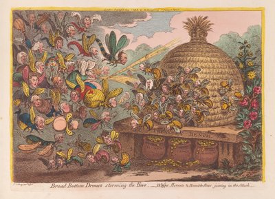 Drones se širokým dnem útočí na Úl: Vosy, sršni a čmeláci se připojují k útoku, hospoda. 1808 (ručně kolorovaná rytina) od James Gillray