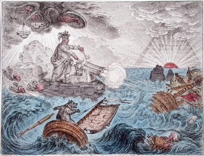 Bruin in his Boat, aneb Manažer v tísni, publikovala Hannah Humphrey v roce 1806 (ručně kolorovaný lept) od James Gillray