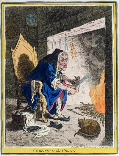 Comfort to the Corns, vydané Hannah Humphrey v roce 1800 (ručně kolorovaný lept) od James Gillray
