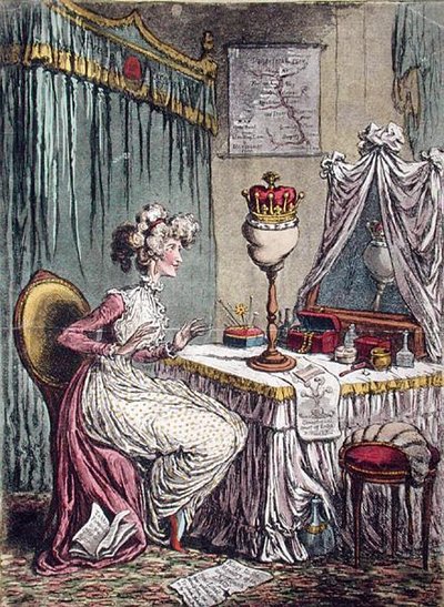 Contemplations upon a Coronet, vydané Hannah Humphrey v roce 1807 (ručně kolorovaný lept s akvatintou) od James Gillray