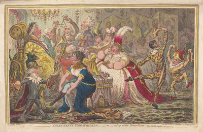 Dilettanti Theatricals aneb Peep at the Green Room, vide. Pic-Nic-Orgies, hospoda. 1803 (ručně kolorovaná rytina) od James Gillray