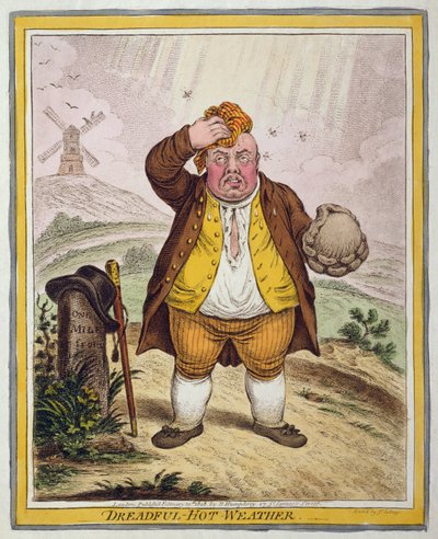 Dreadful-Hot Weather, vydané Hannah Humphrey v roce 1808 (ručně kolorovaný lept) od James Gillray