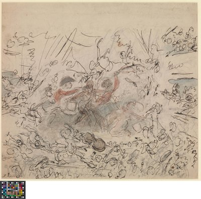 Nizozemsky: Světová podívaná: Napoleonské války (recto).  Seznam námětů "hodných talentu britských umělců" (verso) od James Gillray