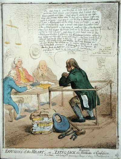 Effusions of the Heart, aneb Lying Jack the Blacksmith at Confession, vydal Hannah Humphrey v roce 1795 pro Filantropickou společnost (ručně kolorovaný lept) od James Gillray