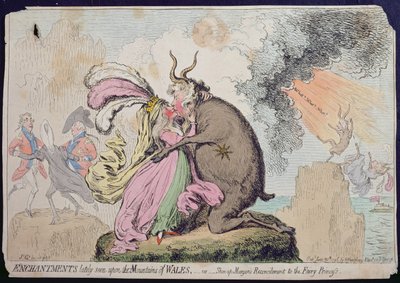 Kouzla nedávno viděná na hoře Walesu nebo Shon-ap-Morganovo Smíření s princeznou víly, vydané Hannah Humphrey v roce 1796 (ručně kolorovaný lept) od James Gillray