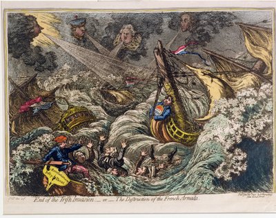 Konec irské invaze aneb The Destruction of the French Armada, publikovala Hannah Humphrey v roce 1797 (ručně kolorovaný lept a akvatinta) od James Gillray
