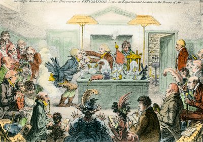 Anglická satira na vědu: nové objevy v pneumatických materiálech. Satirické čerpání z nadšení pro vědecké konference v 19. století. Rytina Jamese Gillraye (1757-1815) od James Gillray
