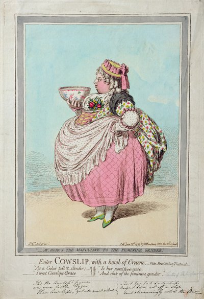 Enter Cowslip, s miskou smetany, vydané Hannah Humphrey v roce 1795 (ručně kolorovaný lept) od James Gillray