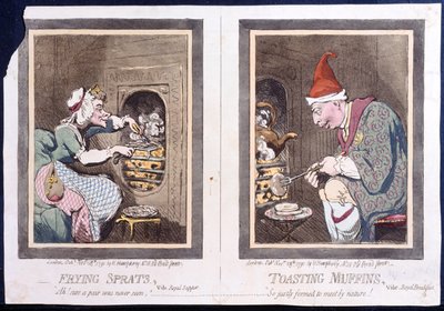 Smažení šprotů neboli královská večeře a opékání muffinů neboli královská snídaně, kterou vydala Hannah Humphrey v roce 1791 (ručně kolorovaný lept) od James Gillray
