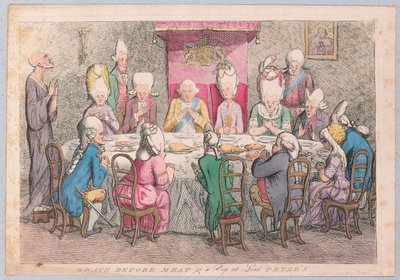 Grace before Meat or a Peep at Lord Peters, pub. 1779 (ručně kolorovaná rytina) od James Gillray