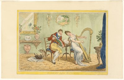 Harmonie před manželstvím (recto); Clearing the Five Bar Gate (verze) od James Gillray