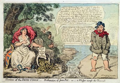 Horrors of the Irish Union: Obtěžování chudáka Pata, aneb Šepot přes kanál, vydal Hannah Humphrey v roce 1798 (ručně kolorovaný lept) od James Gillray