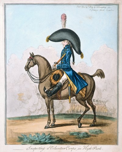 Inspecting a Volunteer Corps v Hyde Parku, vydané Hannah Humphrey v roce 1803 (ručně kolorovaný lept) od James Gillray