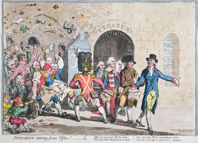 Integrity Retiring from Office, vydané Hannah Humphrey v roce 1801 (ručně kolorovaný lept s akvatintou) od James Gillray