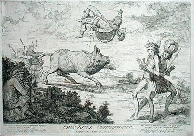 John Bull Triumphant, publikoval William Humphrey v roce 1780 (lept) od James Gillray