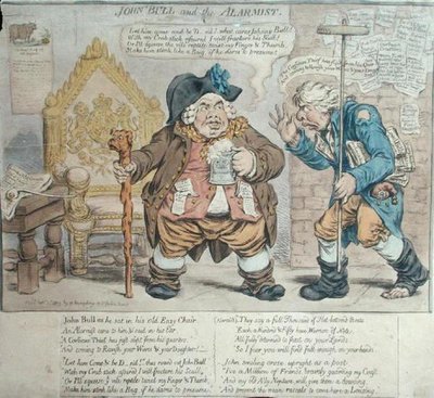 John Bull and the Alarmist, publikoval Hannah Humphrey v roce 1803 (ručně kolorovaný lept) od James Gillray