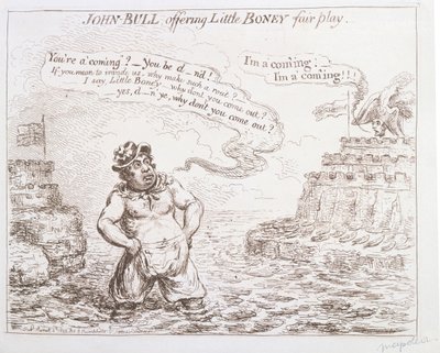 John Bull nabízející Little Boney fair play, kterou vydala Hannah Humphrey v roce 1803 od James Gillray