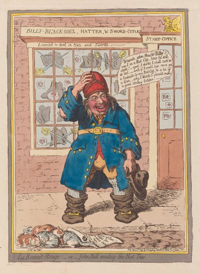 La Bonnet Rouge nebo John Bull vyhýbající se dani z klobouku, hospoda. 1797 (ručně kolorovaná rytina) od James Gillray