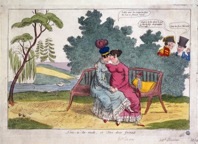 Lady Strachanová a lady Warwicková se milují v parku, zatímco jejich manželé je nesouhlasně pozorují. od James Gillray