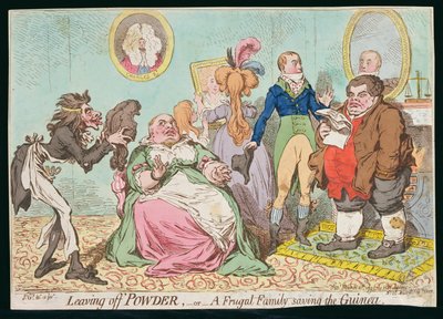 Leaving off Powder, aneb A Frugal Family Saving the Guinea, vydané Hannah Humphrey v roce 1795 (ručně kolorovaný lept) od James Gillray