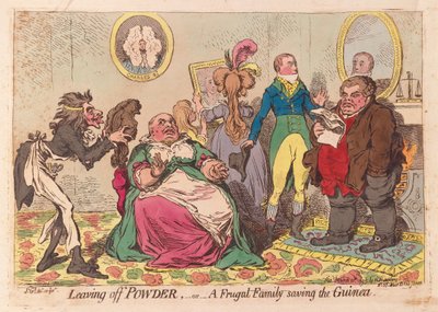 Leaving off Powder, or a Frugal Family Saving the Guinea, pub. 1795 (ručně kolorovaná rytina) od James Gillray