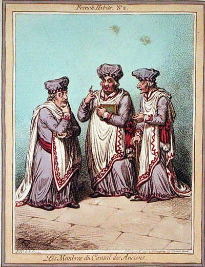 Les Membres du Conseil des Anciens, deska 2 z „French Habits“, vydané Hannah Humphrey v roce 1798 (barevný lept) od James Gillray
