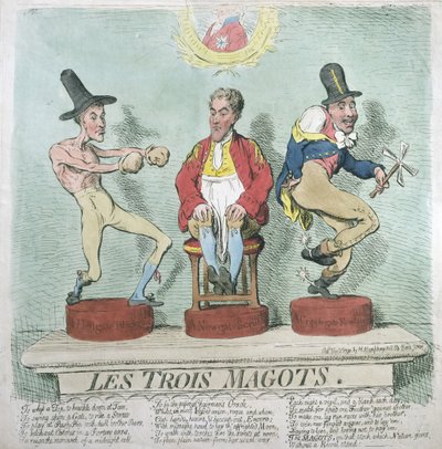 Les Trois Magots, vydala Hannah Humphrey v roce 1791 (ručně kolorovaný lept) od James Gillray