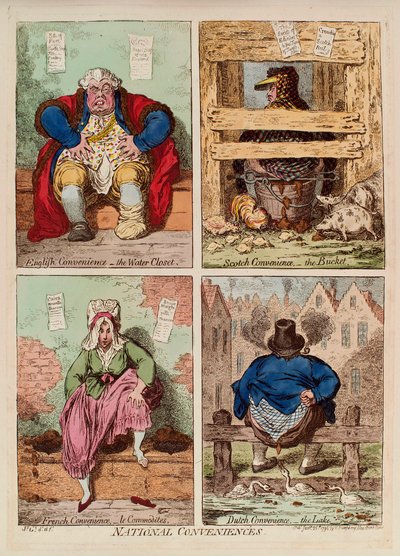 Národní komodity. (popis a srovnání toalet v Anglii, Skotsku, Francii a Holandsku). Dílo Jamese Gillraye (1757-1815), rytina a akvarel od James Gillray