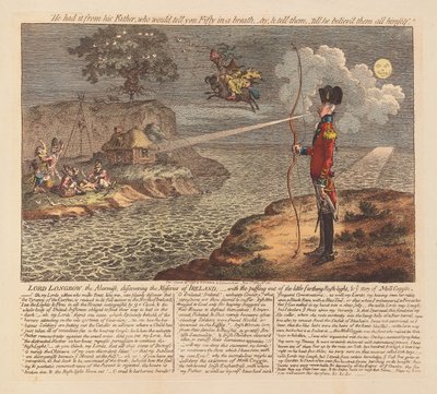 Lord Longbow, Alarmist, objevování Miseries of Ireland, hospoda. 1798 (ručně kolorovaná rytina) od James Gillray