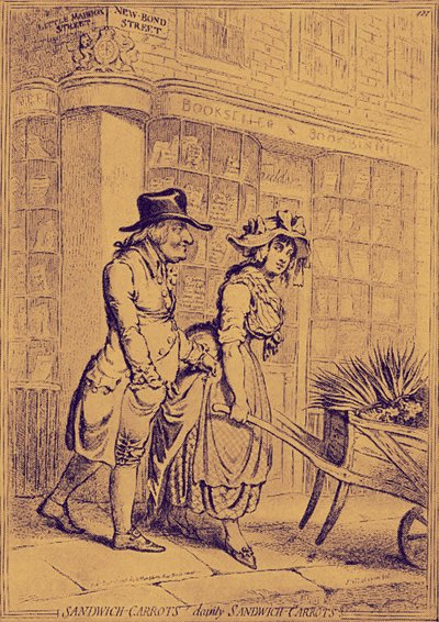 Lord Sandwich věnuje pozornost prodavači květin od James Gillray