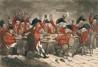 Loyal Souls, aneb A Peep into the Mess Room at St. James, vydal Hannah Humphrey v roce 1797 (ručně kolorovaný lept) od James Gillray