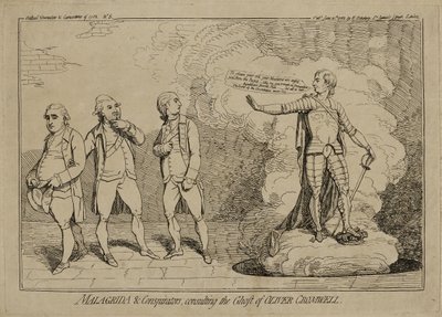 Malagrida and Conspirators, Consulting the Ghost of Oliver Cromwell, publikovaná 10. června 1782 (lept na položený papír vykládaný na tkaném papíře) od James Gillray