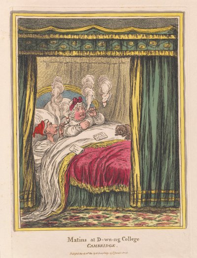 Matins and D-wn-ng College, Cambridge, pub. 1810 (ručně kolorovaná rytina) od James Gillray