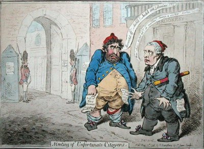 Setkání nešťastných Citoyenů, publikovala Hannah Humphrey v roce 1798 (ručně kolorovaný lept) od James Gillray