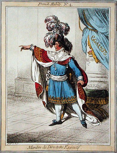 Membre du Directoroire Executif, deska 4 „French Habits“ vydané Hannah Humphrey v roce 1798 (barevný lept) od James Gillray