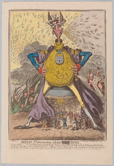 Midas, Transmuting all into [Gold] Paper, pub. 1797 (ručně kolorovaná rytina) od James Gillray