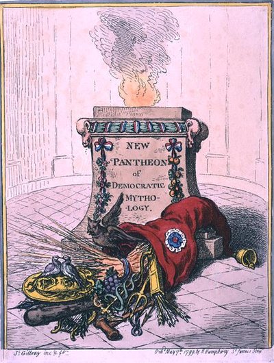 New Pantheon of Democratic Mythology, vydaný Hannah Humphrey v roce 1799 (ručně kolorovaný lept) od James Gillray
