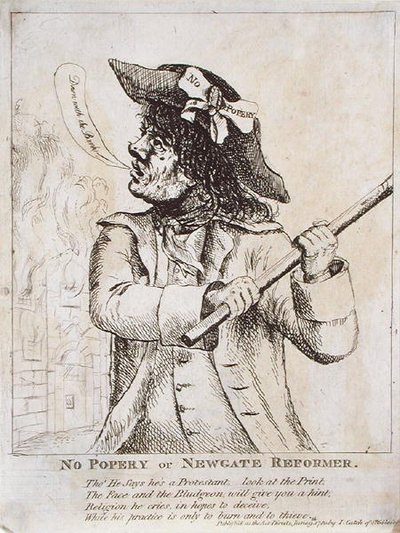 Žádný Popery, nebo Newgate Reformer: možná Ned Dennis nosí v klobouku laskavost „No Popery“ s věznicí Newgate v plamenech od James Gillray