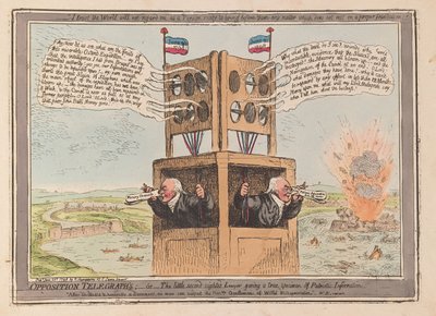 Opoziční telegrafy aneb malý prozíravý právník podávající pravdivý exemplář Vlasteneckých informací, hospoda. 1798 (ručně kolorovaná rytina) od James Gillray