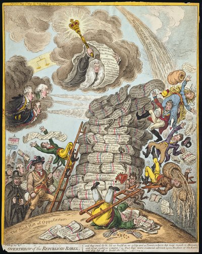 Svržení republikánského Babelu, publikovala Hannah Humphrey v roce 1809 (ručně kolorovaný lept) od James Gillray