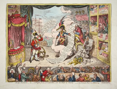 Pacific-Overtures, - nebo- Let ze St Clouds- nad vodou do Charlet. - nový Dramatický mír nyní Zkoušíme, hospoda. 1806 (ručně kolorovaná rytina) od James Gillray