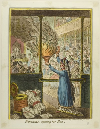 Pandora otevírá svou skříňku od James Gillray