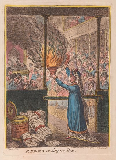Pandora otevírá svou skříňku, hospoda. 1809 (ručně kolorovaná rytina) od James Gillray